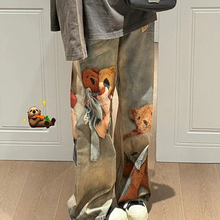 Jeans Y2K con Stampa Orsetto, Pantaloni a Gamba Larga Stile Vintage alla Moda per Donna, Primavera Autunno
