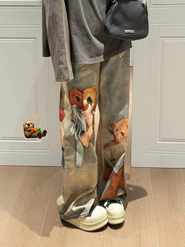 Jeans Y2K con Stampa Orsetto, Pantaloni a Gamba Larga Stile Vintage alla Moda per Donna, Primavera Autunno