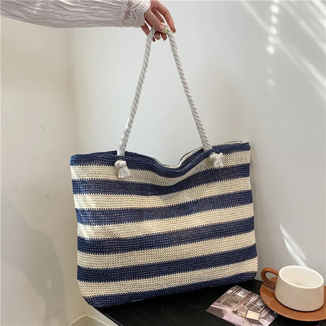 Borsa a tracolla da donna in paglia Borsa da spiaggia a contrasto di colore Borsa a tracolla semplice di grande capacità Borsa quotidiana estiva da donna