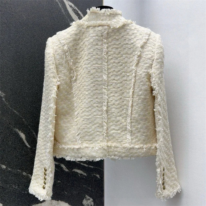 Women's jacket New autumn 2025 double breasted slim long sleeved top tweed weave Women's coat Cotton blend round neck outerwears