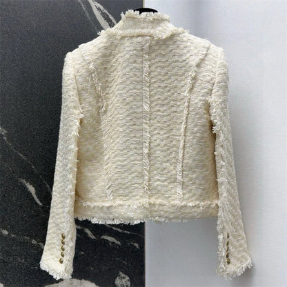 Women's jacket New autumn 2025 double breasted slim long sleeved top tweed weave Women's coat Cotton blend round neck outerwears