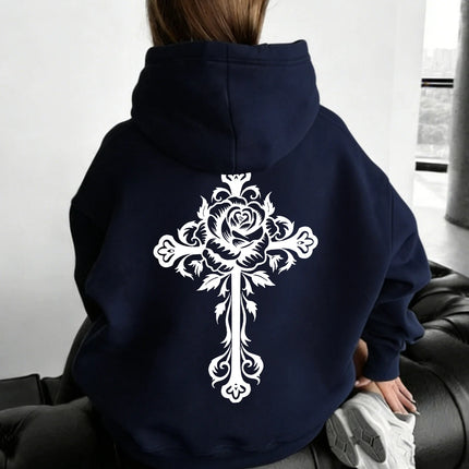 Women Rose Cross Carved Print Hoodie Unisex Autumn Winter Fleece Oversized Hooded Everyday Outdoors Hoodie for Any Occasion
