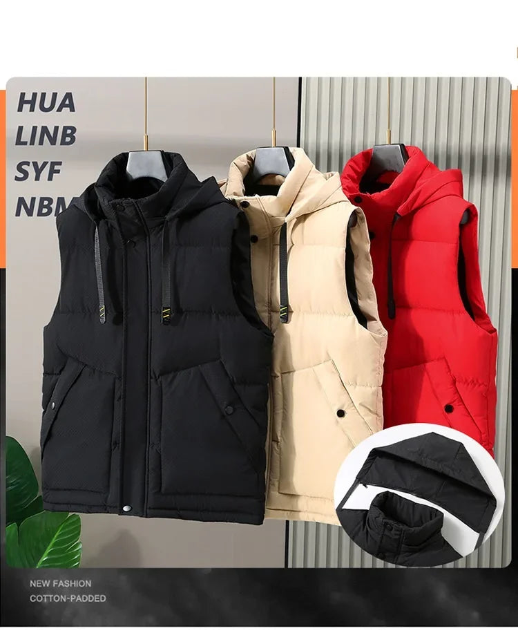 Big Size Men Padded Vest Winter Hooded Zip-up Sleeveless Jacket Padding Golf Cotton Waistcoat Work Warm Large Pocket Plus 8XL