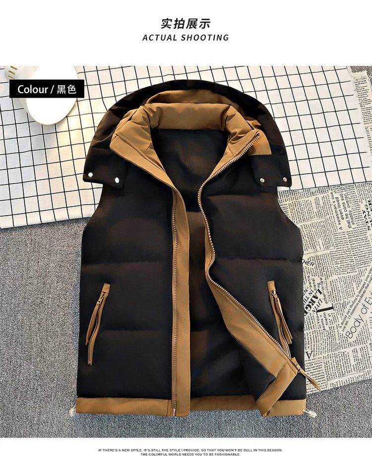 New Hooded Casual Men Waistcoat Comfortable Warm Zipper Male Sleeveless Jackets Solid Color Windproof Clothing for Men Spring