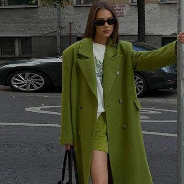Elegant Women's Woolen Overcoat Solid Lapel Double Breasted Full Sleeve Long Coat 2026 Autumn Winter Fashion Lady Outwear