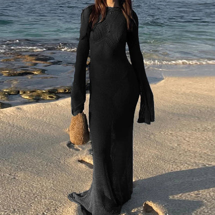 Abito lungo a maniche lunghe senza schienale lavorato a maglia di nuovo stile Abito lungo da donna per le vacanze al mare Copricostume trasparente per protezione solare platinumshop