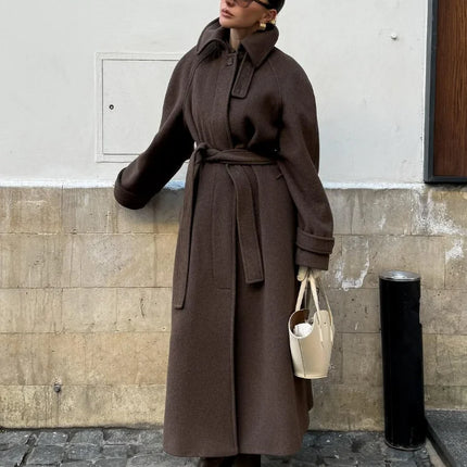 Women's Long Woolen Overcoats Stand Collar Single Breasted Lace Up Oversized Coat Autumn Winter Female Loose New Chic Outerwears