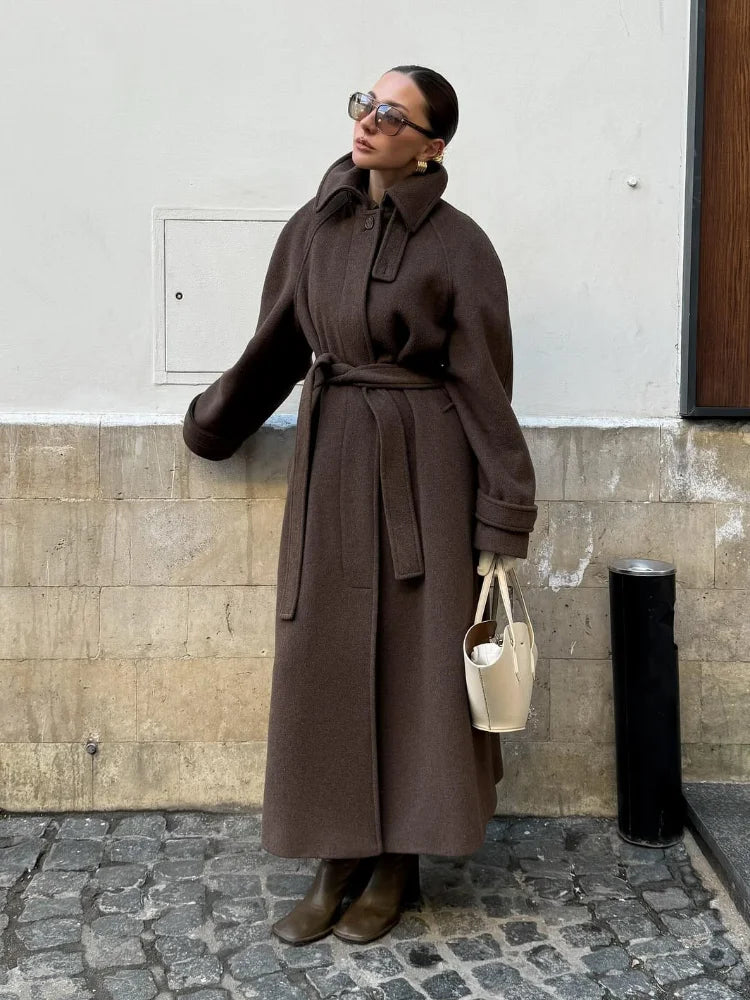 Women's Long Woolen Overcoats Stand Collar Single Breasted Lace Up Oversized Coat Autumn Winter Female Loose New Chic Outerwears
