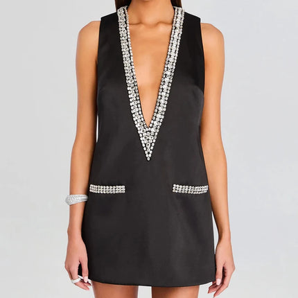 Women's Summer Dress with Deep V-Neck, Sexy Mini Party Dress, Elegant Sleeveless Patchwork Dress for Holidays