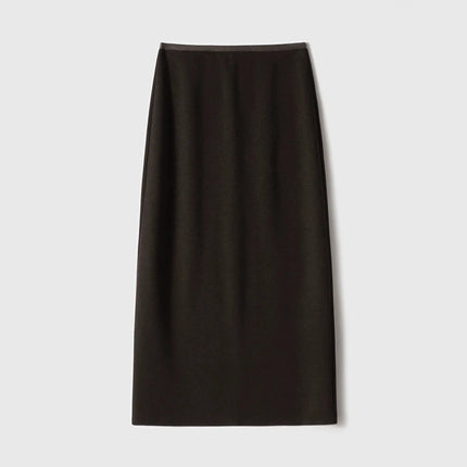 Birdtree Cashmere Silk Blended Skirt For Woman,Elastic Waist Long Skirts,Rear Slit,Commuting Style,2025 Autumn Winter D5N418JF PlatiNum