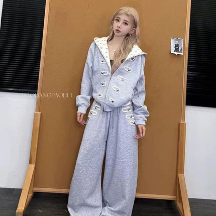 Coquette Zip Up Hoodie Women Decorative Double Row Metal Buttons Floral Print Lined Loose Fit Y2K Casual Streetwear Sweatshirt