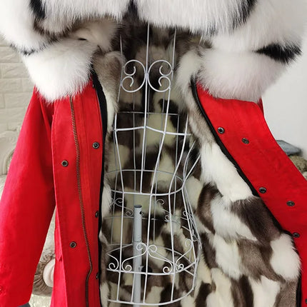Winter Long Jacket Real Fur Coat Women Clothes Large Silver Fox Fur Collar Detachable Natural Fox Lining Parkas Leather Fur