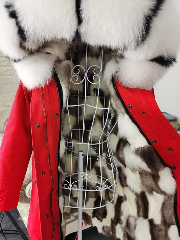 Winter Long Jacket Real Fur Coat Women Clothes Large Silver Fox Fur Collar Detachable Natural Fox Lining Parkas Leather Fur