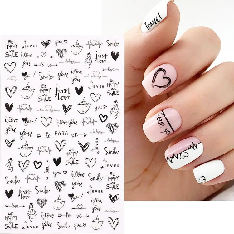 2pcs Heart Love Design 3D Nail Art Stickers English Letter Cool Girl Face Sliders Valentine Day Manicure
