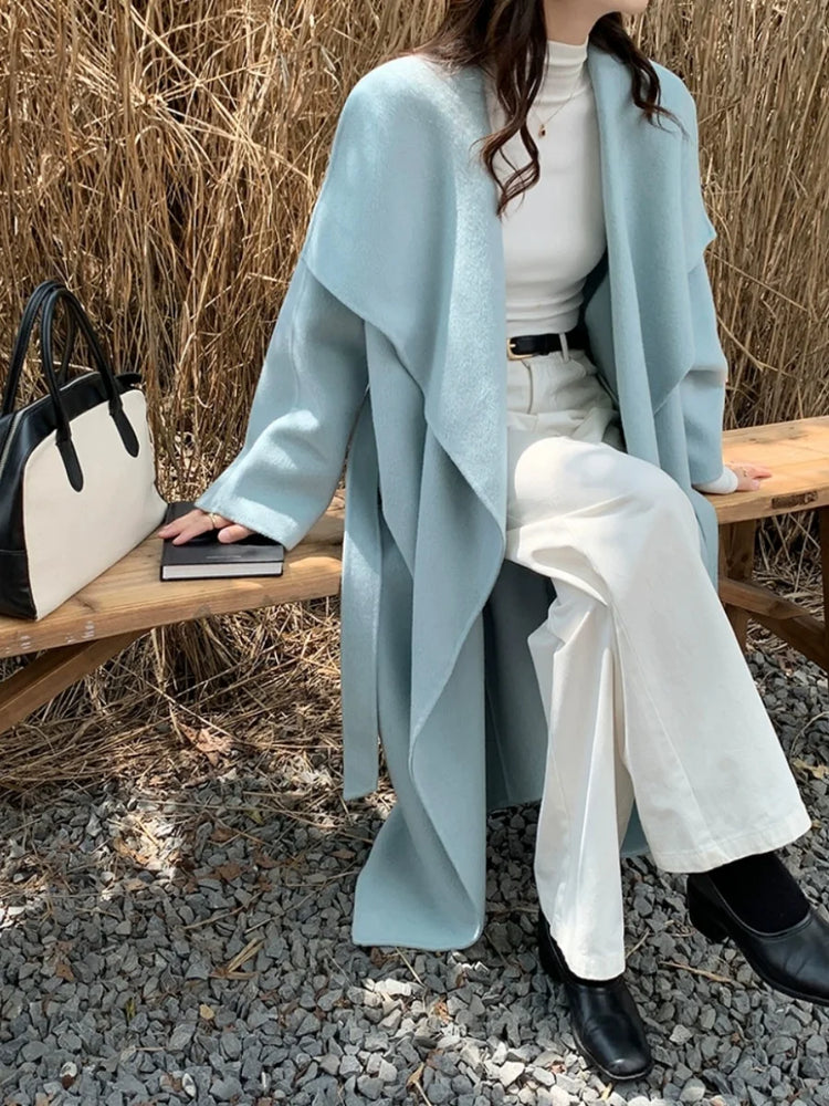 High-end Women Double-sided Wool Long Coat Warm Baby Blue Lapel Loose Double Breasted Wool Coat Female Fashion Autumn Winter