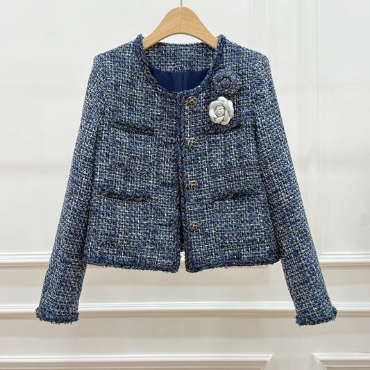 Women Fragrance Blue Tweed Short Jacket O Neck 3D Flower Multi-pocket Fashion High-quality Office Lady Autumn Winter Jacket