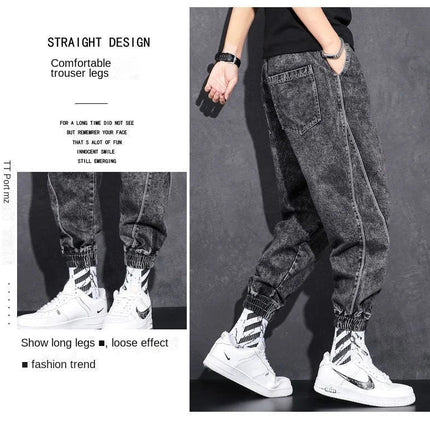 Loose Elastic Waist Denim Jeans for Men 2024 Fashion Casual Spring Workwear Foot-Tied Pants with Brand Workwear Baggy Trousers PlatiNum