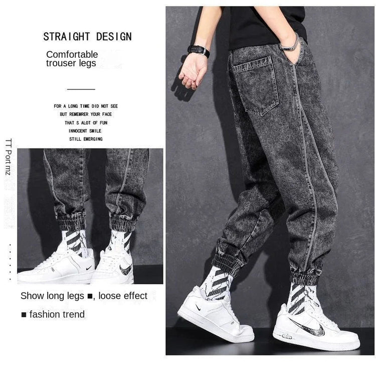 Loose Elastic Waist Denim Jeans for Men 2024 Fashion Casual Spring Workwear Foot-Tied Pants with Brand Workwear Baggy Trousers PlatiNum