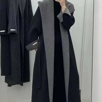 UCXQ Color Blocked Double Sided Wool Coat For Women Hooded Long Sleeved Belt Cardigan Coats 2025 Autumn Winter New Tide 23Z3934