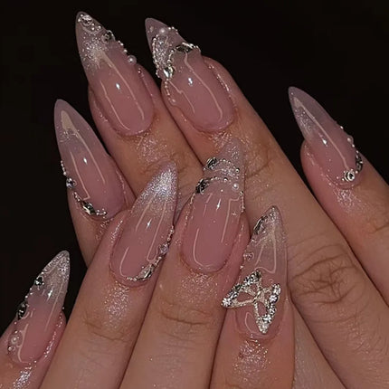 24Pcs Medium Almond Nude‑Pink 3D Textured Metallic Cat‑Eye French Sheer Press‑On False Nails For Nail Art Decor