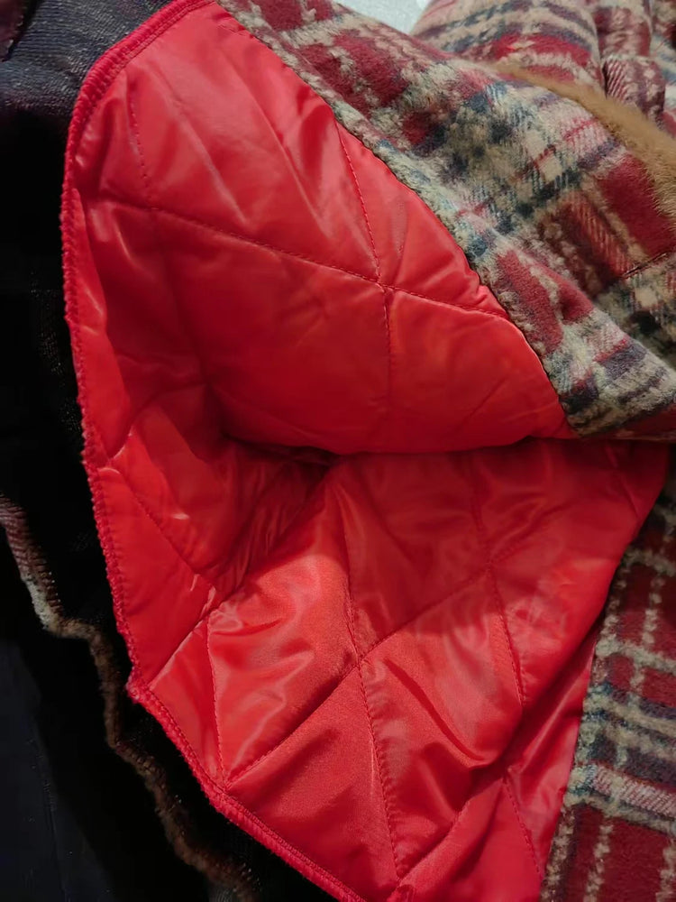 Women's Double Breasted Plaid Coat, Woolen Jacket , V-Neck, Loose Tops, Female Clothes, Sweet, New, Autumn, Winter