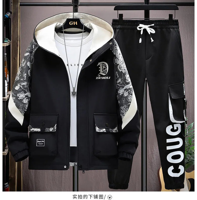 2025 Men Tracksuit Casual Joggers Hooded Sportswear Jackets Pants 2 Piece Sets Hip Hop Running Sports Suit