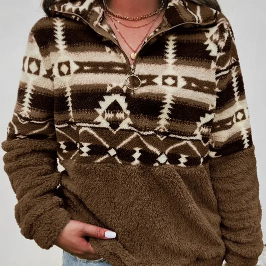 2025 Womens New Hoodie Geometric Pattern Long Sleeve Zipper Sweater Winter Versatile Women Long Sleeve Plush Pullover Sweatshirt