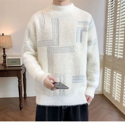 2025 Thickened Sweater Men's Autumn Winter Casual Half High Neck Pullover Knitwear Furry Korean Loose Simple Sweaters 3 Colors