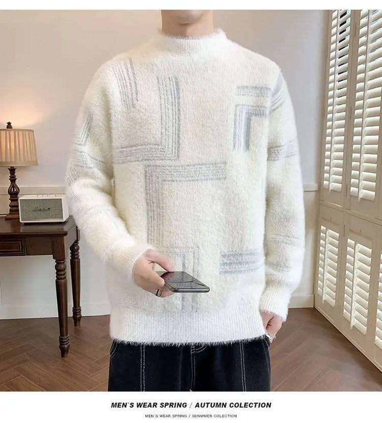 2025 Thickened Sweater Men's Autumn Winter Casual Half High Neck Pullover Knitwear Furry Korean Loose Simple Sweaters 3 Colors
