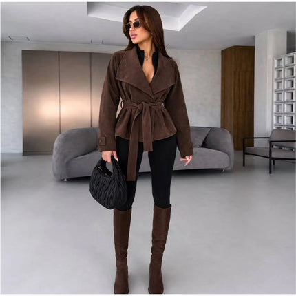 Elegant Suede Women Jacket Turn Down Collar Double Breasted Belt Waist Slim Jackets 2026 Autumn Winter Female Fashion Tops