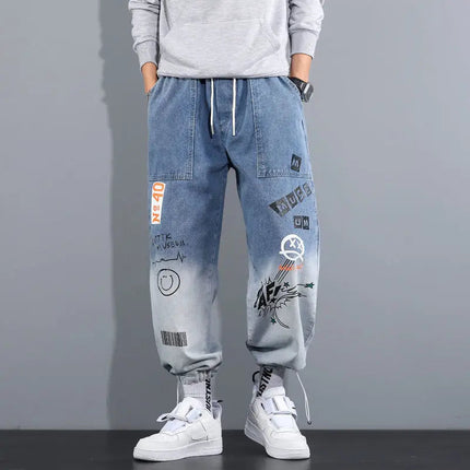 Men's Distressed Denim Pants Cuffed, Artistic Gradient Harem Jeans, Oversized Hip Hop Trousers for Spring Fall Versatile Outfits PlatiNum