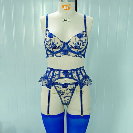 Sexy Lingeries Floral Embroidery Bow Lace Bra Garter Panty Set See Through Sheer Erotic Costumes Woman Underwear 4-piece Sets