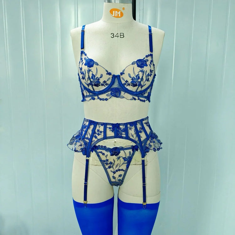 Sexy Lingeries Floral Embroidery Bow Lace Bra Garter Panty Set See Through Sheer Erotic Costumes Woman Underwear 4-piece Sets