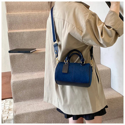 Patchwork Colorblock Mini Handbags For Women Denim Shoulder Cross Body Bags Casual Street Small Boston Bag 2025 Designer Purses PlatiNum