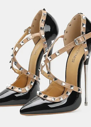 Sandali con tacco alto da donna con cinturino incrociato con rivetti Scarpe singole sexy con punta a punta per discoteca Modello di ospite di festa Passerella Cross Dressing platinumshop