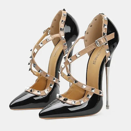 Sandali con tacco alto da donna con cinturino incrociato con rivetti Scarpe singole sexy con punta a punta per discoteca Modello di ospite di festa Passerella Cross Dressing platinumshop