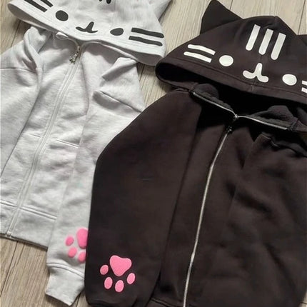 Cute 3D Cat Ear Zip Hoodie Kawaii Cartoon Pink Paw Cat Face Women Hoodies Y2K New Fashion Sweet Streetwear Unisex Loose Clothing