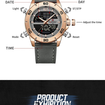 NAVIFORCE Orologio alla moda da uomo con cinturino in vera pelle Movimento al quarzo resistente all'acqua 30M Display luminoso con giorno e data F platinumshop