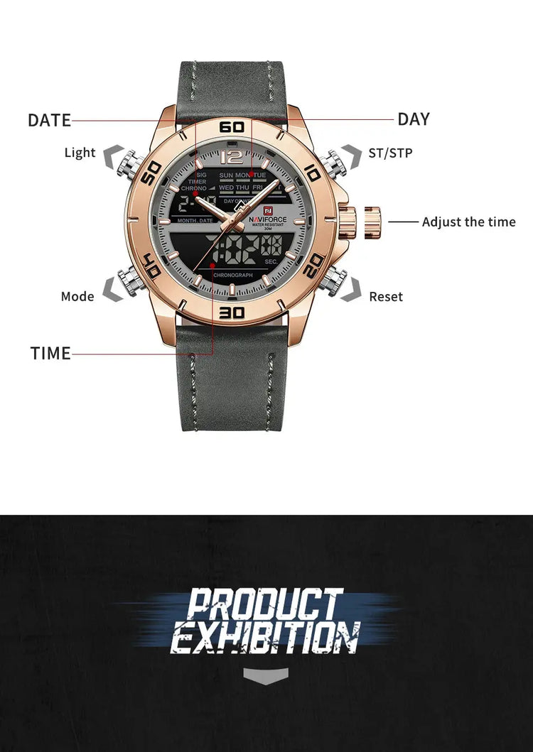 NAVIFORCE Orologio alla moda da uomo con cinturino in vera pelle Movimento al quarzo resistente all'acqua 30M Display luminoso con giorno e data F platinumshop