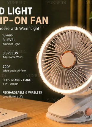 Ventilatore Portatile con Clip e Luci LED, 3 Velocità Regolabili, Silenzioso, da Scrivania, per Casa, Camera da Letto e Campeggio