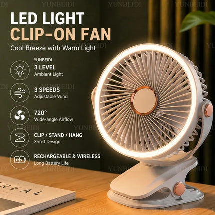 Ventilatore Portatile con Clip e Luci LED, 3 Velocità Regolabili, Silenzioso, da Scrivania, per Casa, Camera da Letto e Campeggio