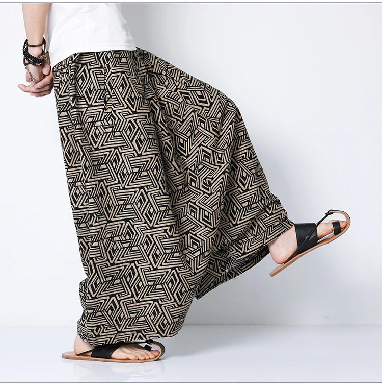 Pantaloni stile cinese uomo retrò Casual gamba larga pantaloni larghi Crossover cotone lino nuovi pantaloni grafici da uomo pantaloni Hip Hop M-5XL