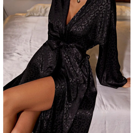 Vestaglia da notte con stampa leopardata, manica lunga, scollo a V, con cintura, pigiama da donna