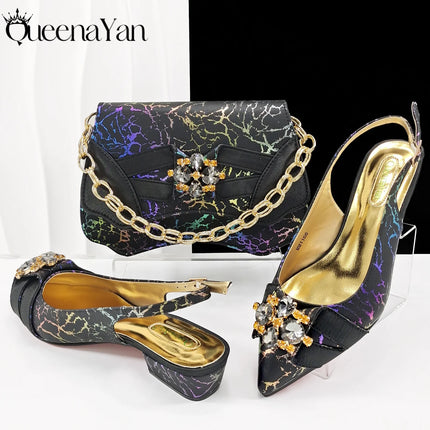 Queena Yan Elegante set di borse con strass a punta blu e tacco basso per calzature e accessori per feste di matrimonio di lusso da donna