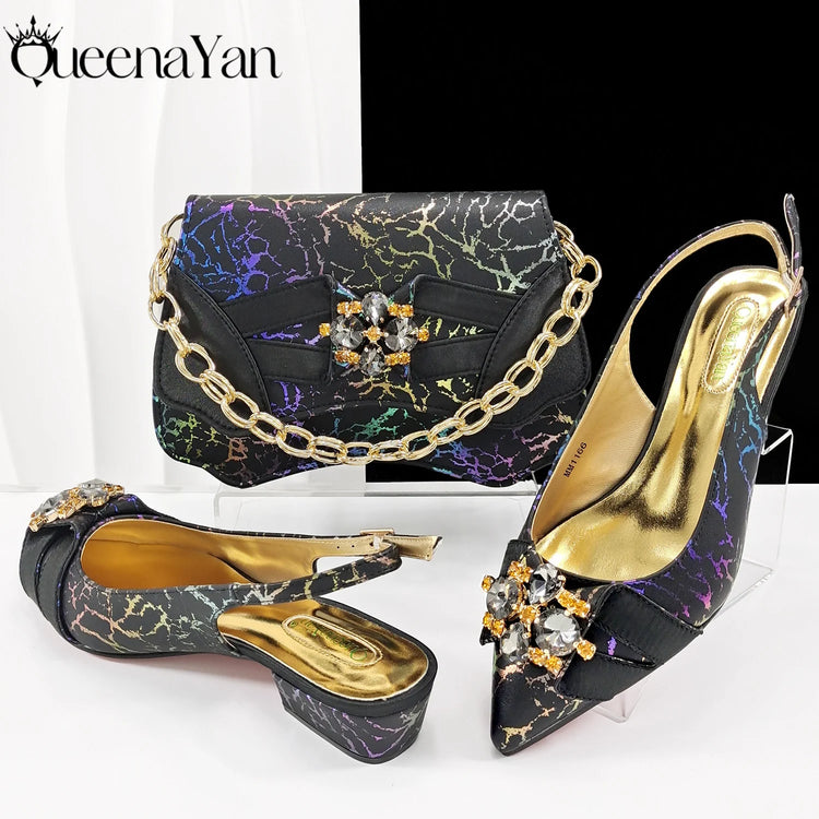 Queena Yan Elegante set di borse con strass a punta blu e tacco basso per calzature e accessori per feste di matrimonio di lusso da donna
