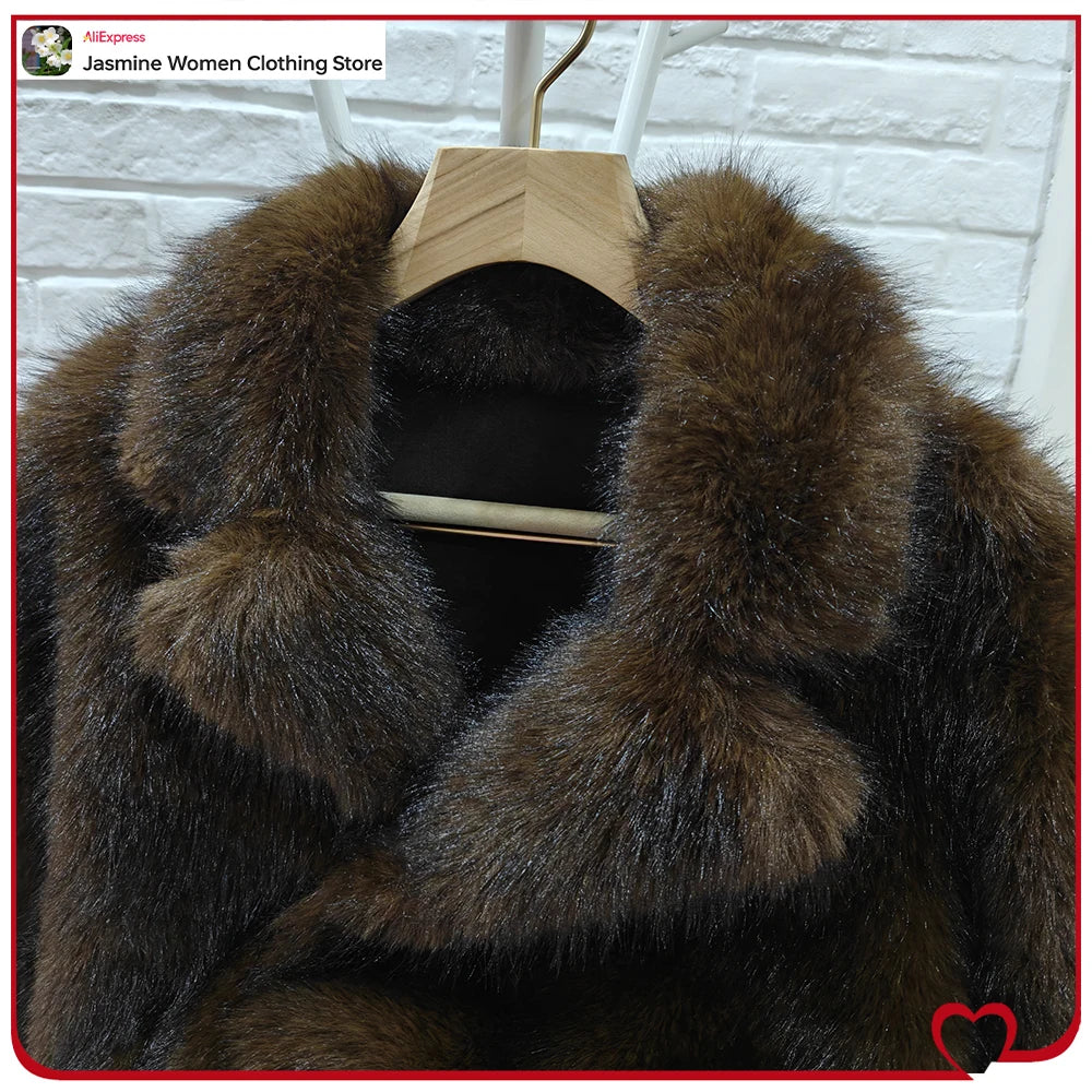 New in Reversible Double-faced Faux Fur Jacket for Women Stylish Lapel Collar Crossover Button-up Outwears Winter Brown Overcoat