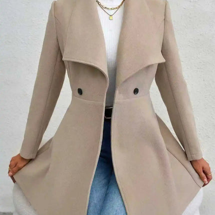 Women's Autumn Winter Yellow Woolen Coat Elegant Lapel Double Button Slim Fit Mid-Length Overcoat Casual Long Sleeve Outerwear F