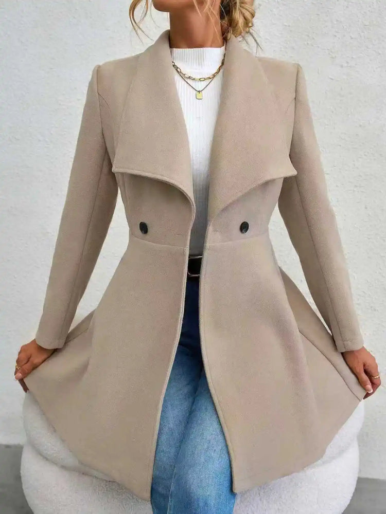 Women's Autumn Winter Yellow Woolen Coat Elegant Lapel Double Button Slim Fit Mid-Length Overcoat Casual Long Sleeve Outerwear F