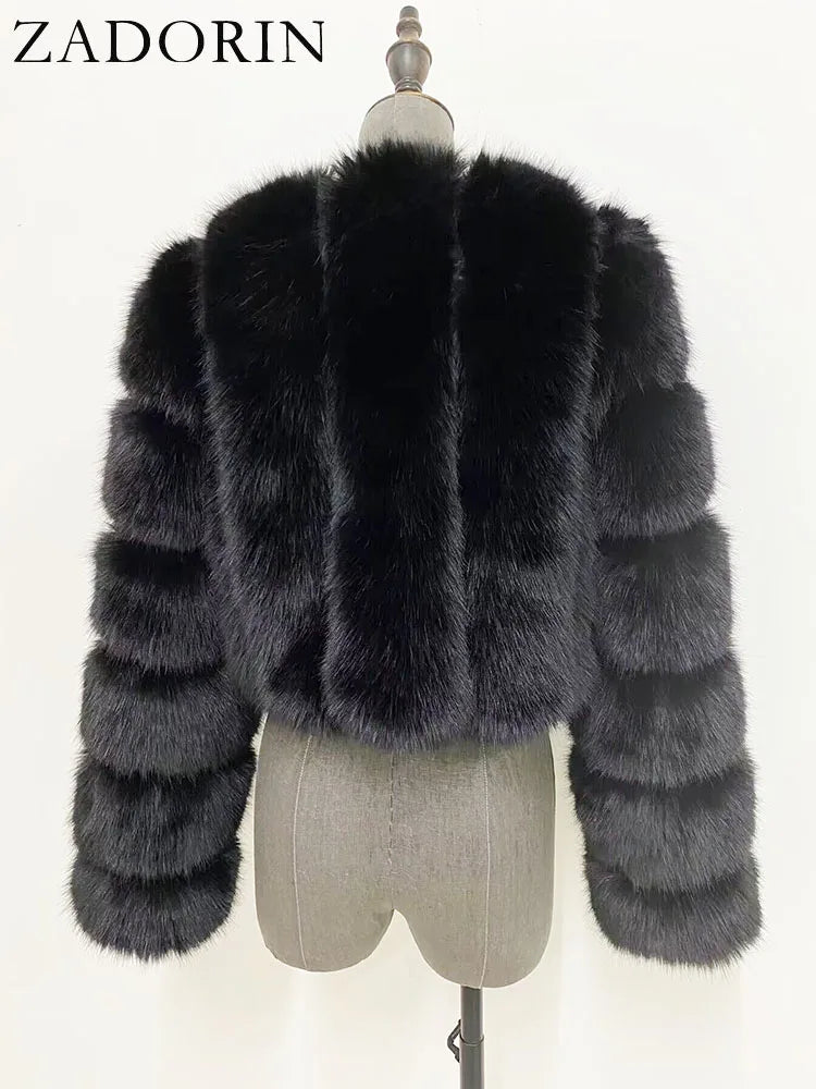 ZADORIN Luxury Cropped White Faux Fox Fur Coat Woman Clothing V Neck Long Sleeve Winter Fluffy Faux Fur Jacket Fur Coats Woman