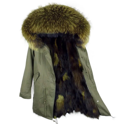 Winter Long Jacket Real Fur Coat Women Clothes Large Silver Fox Fur Collar Detachable Natural Fox Lining Parkas Leather Fur